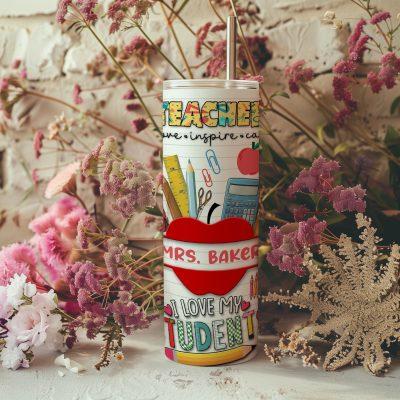 Personalized Teacher Name Tumbler with Straw, Custom Tumbler Gift For Teacher, Teacher Holiday Gift, Cute Fall Gift For Teacher