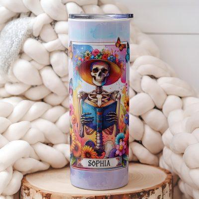 Personalized Book Lover Skeleton Tarot Card Tumbler, Custom Gift For Reader, Skull Reading Book Tumbler