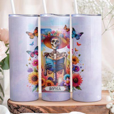 Personalized Book Lover Skeleton Tarot Card Tumbler, Custom Gift For Reader, Skull Reading Book Tumbler