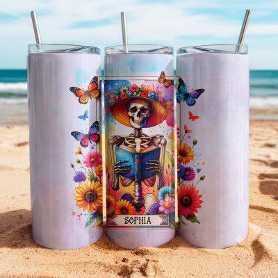 Personalized Book Lover Skeleton Tarot Card Tumbler, Custom Gift For Reader, Skull Reading Book Tumbler