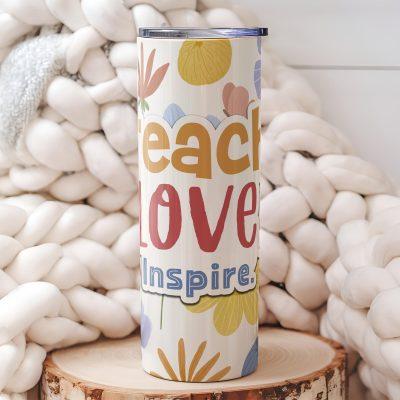 Custom Name Teacher Tumbler with Lid and Straw, Teach Love Teacher Appreciation Gift, Floral Stainless Steel Travel Tumbler, Skinny Tumbler
