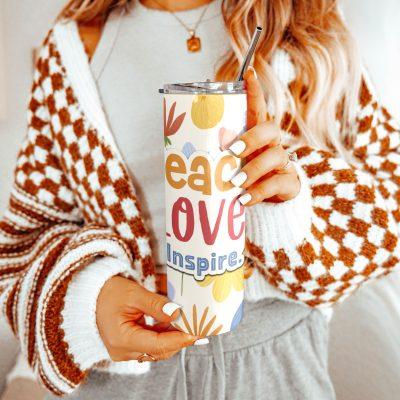 Custom Name Teacher Tumbler with Lid and Straw, Teach Love Teacher Appreciation Gift, Floral Stainless Steel Travel Tumbler, Skinny Tumbler