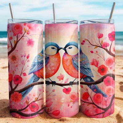 Romantic Love Birds Valentine Tumbler, Cute Pink Red Floral Couple Drinkware, Sweet Heart Valentines Day Gift for Couples, Bird Lover Gift