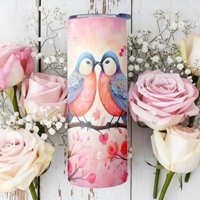 Romantic Love Birds Valentine Tumbler, Cute Pink Red Floral Couple Drinkware, Sweet Heart Valentines Day Gift for Couples, Bird Lover Gift