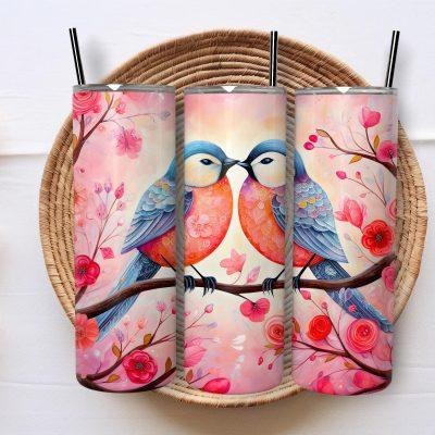 Romantic Love Birds Valentine Tumbler, Cute Pink Red Floral Couple Drinkware, Sweet Heart Valentines Day Gift for Couples, Bird Lover Gift