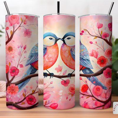 Romantic Love Birds Valentine Tumbler, Cute Pink Red Floral Couple Drinkware, Sweet Heart Valentines Day Gift for Couples, Bird Lover Gift