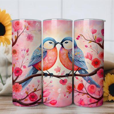Romantic Love Birds Valentine Tumbler, Cute Pink Red Floral Couple Drinkware, Sweet Heart Valentines Day Gift for Couples, Bird Lover Gift