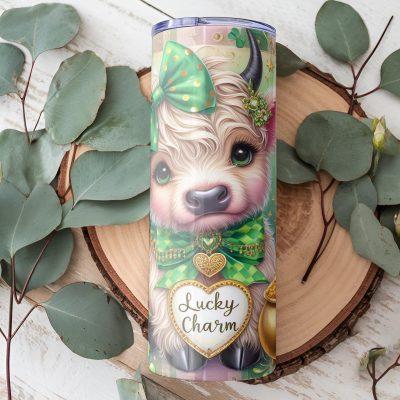 Lucky Charm Highland Cow 20oz Skinny Tumbler, Cute Shamrock Irish Festive Cup, Farm Animal St Patrickâ€™s Day Drinkware