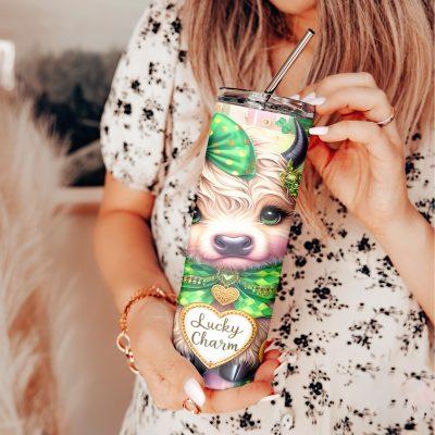 Lucky Charm Highland Cow 20oz Skinny Tumbler, Cute Shamrock Irish Festive Cup, Farm Animal St Patrickâ€™s Day Drinkware