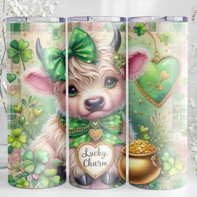 Lucky Charm Highland Cow 20oz Skinny Tumbler, Cute Shamrock Irish Festive Cup, Farm Animal St Patrickâ€™s Day Drinkware
