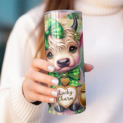 Lucky Charm Highland Cow 20oz Skinny Tumbler, Cute Shamrock Irish Festive Cup, Farm Animal St Patrickâ€™s Day Drinkware