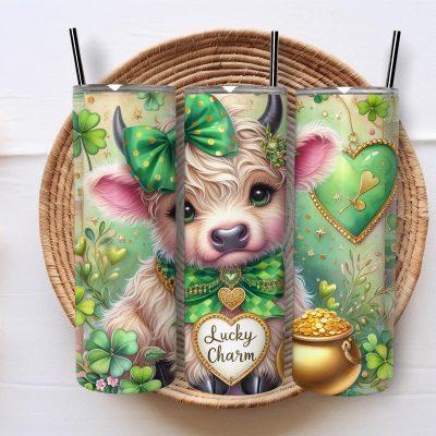 Lucky Charm Highland Cow 20oz Skinny Tumbler, Cute Shamrock Irish Festive Cup, Farm Animal St Patrickâ€™s Day Drinkware
