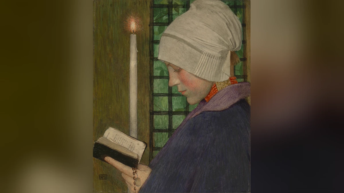 Candlemas Day painting, a woman with a blessed candle and prayer book Painting of a young woman reading a prayer book beside a tall lit candle on Candlemas Day, the February feast behind the weather lore