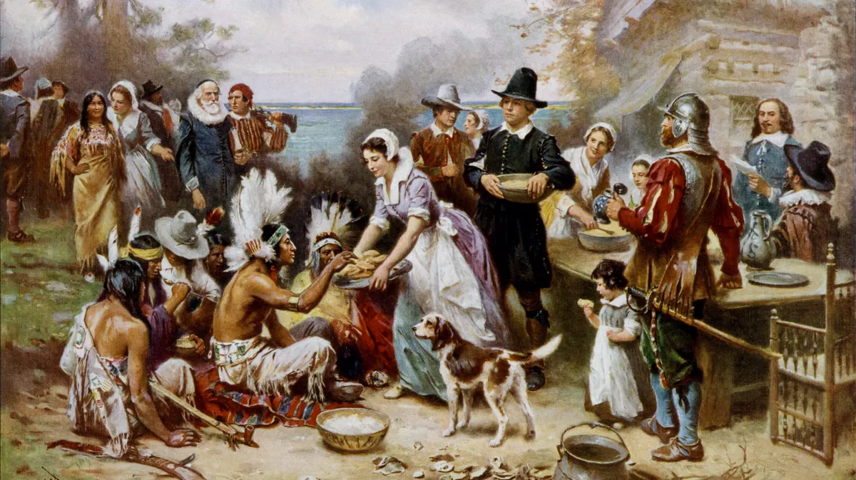 The First Thanksgiving 1621, a romanticised early 1900s painting Jean Leon Gerome Ferris painting of the 1621 Plymouth harvest gathering, a romanticised early 20th century scene