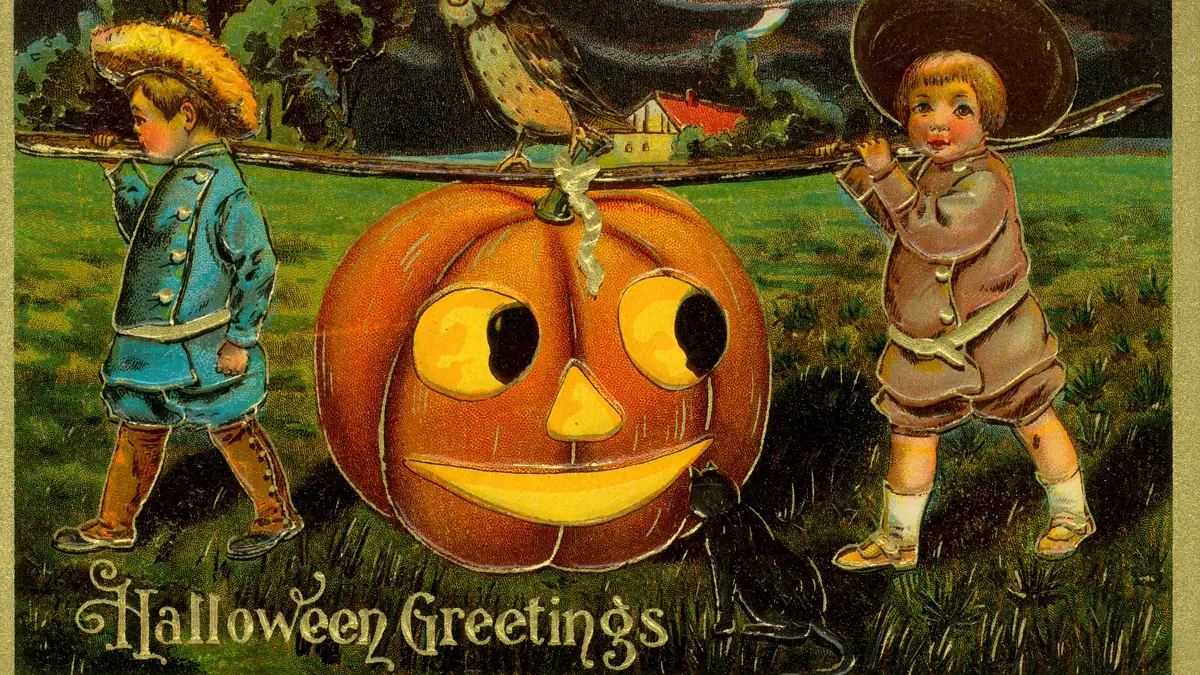 Early 1900s greetings postcard with two boys carrying a carved pumpkin lantern History of trick or treating shown on an early 1900s Halloween Greetings postcard with two boys carrying a jack-o'-lantern