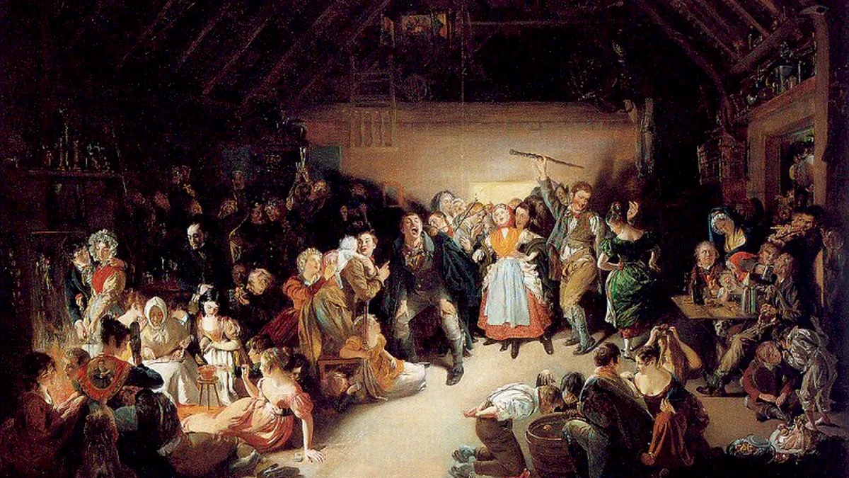 Snap-Apple Night by Daniel Maclise, a party scene painted in 1833 Daniel Maclise painting Snap-Apple Night showing an 1832 Irish Halloween party with apple games and dancing