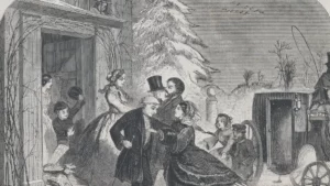 Thanksgiving traditions in an 1858 wood engraving of a family greeting grandparents at the door of the old farmhouse