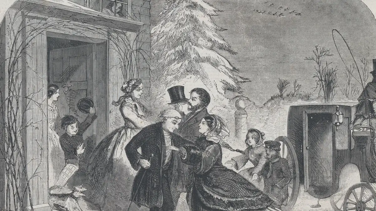 Arrival at the Old Home, an 1858 holiday homecoming engraving by Winslow Homer Thanksgiving traditions in an 1858 wood engraving of a family greeting grandparents at the door of the old farmhouse