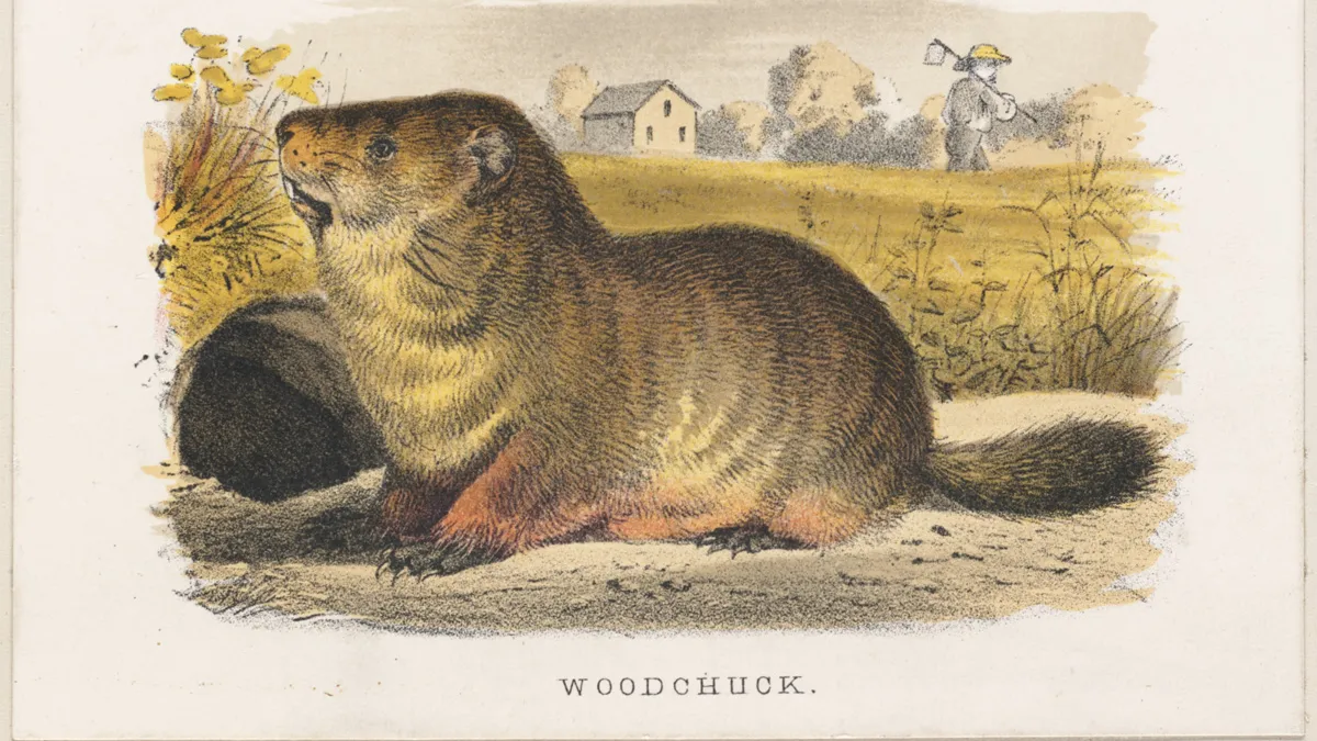 Woodchuck at its burrow in a nineteenth-century farm print Nineteenth-century chromolithograph of a woodchuck beside its burrow with a farmhouse and a farmer carrying a hoe behind it